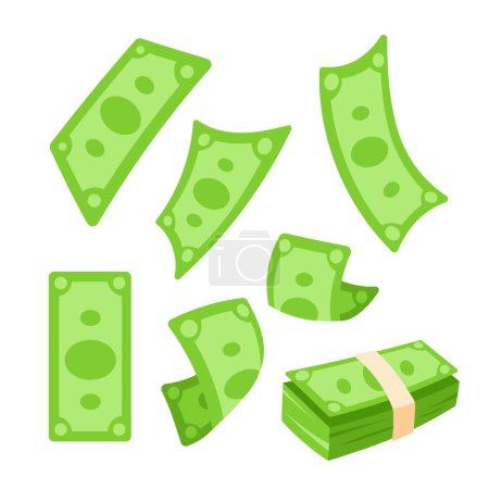 Téléchargez les illustrations : Ensemble vectoriel de papier dollar argent dans le style de dessin animé mignon. - en licence libre de droit