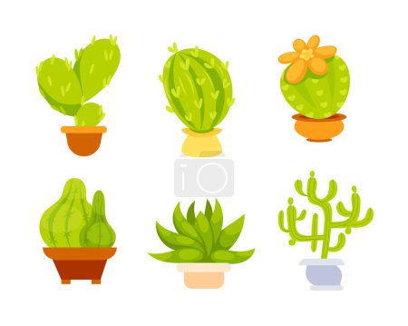 Téléchargez les illustrations : Un ensemble d'images de cactus dans des pots dans un style plat de dessin animé mignon. - en licence libre de droit