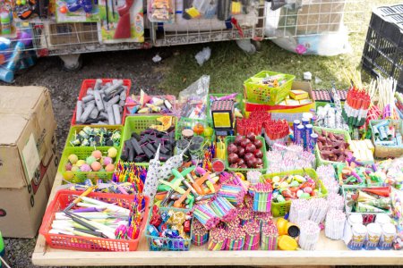 Photo for Market where we sell Mexican fireworks, which are used in celebrations, Independence Day, the Virgin of Guadalupe, town fair. Photo taken in Mexico City September 16, 2023 - Royalty Free Image