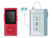 Music player one analog with soft blue colors and the other digital in red Poster #640281650