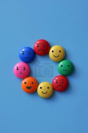 Photo for A variety of human emotions: joy, serenity, anger, sadness, delight, surprise on colored balls - Royalty Free Image