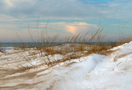 A frozen beach on Lake Michigan makes a beautiful and cold landscape