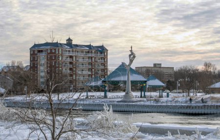 St Joseph, a Frozen town on lake Michigan with architecture and a pavilion covered in snow and ice