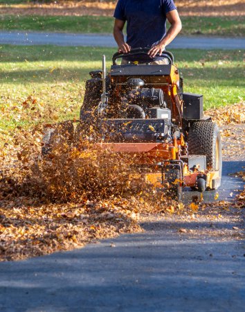 Ein Arbeiter fährt auf einem Rasenmäher, der beim Herbstaufräumen Laub mulcht