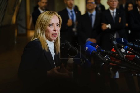 Photo for Newly appointed Italian Prime Minister Giorgia Meloni speaks to the press following a meeting at the European Council headquarters in Brussels, Belgium on November 3, 2022. - Royalty Free Image