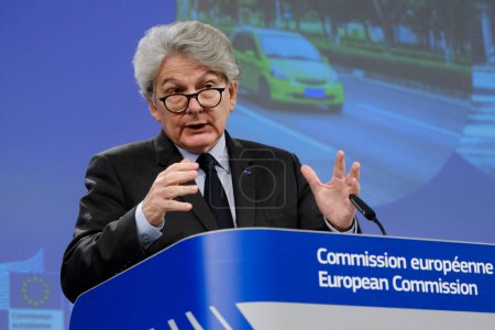 Photo for Press conference by Thierry BRETON, European Commissioner for Internal Market on modernised limits of non-CO2 emissions for vehicles (Euro 7 standards) in Brussels, Belgium on Nov. 10, 2022. - Royalty Free Image