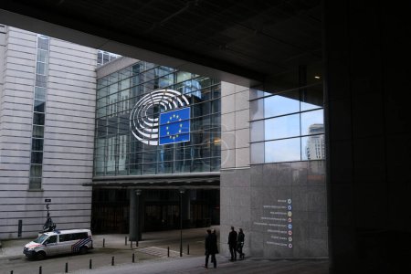 Photo for People walk outside of  the European Parliament in Brussels, Belgium on January 11, 2023. - Royalty Free Image