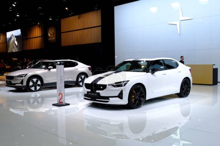 Téléchargez les photos : Polestar car on display during the opening of the Brussels Motor Show at the Expo in Brussels, Belgium on Jan. 13, 2023. - en image libre de droit