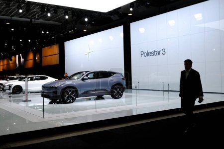 Photo for Polestar car on display during the opening of the Brussels Motor Show at the Expo in Brussels, Belgium on Jan. 13, 2023. - Royalty Free Image