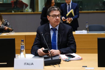 Foto de Giancarlo GIORGETTI, Finance Minister arrives to attend in  the Eurogroup meeting at the EU headquarters in Brussels, Belgium on February 13, 2023. - Imagen libre de derechos