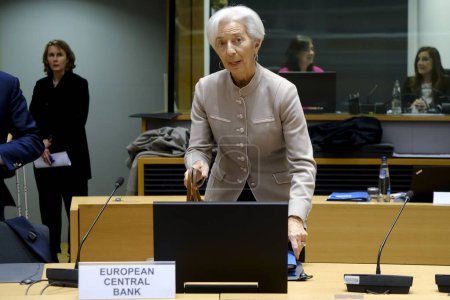 Photo for Christine LAGARDE, President of the European Central Bank arrives to attend in  the Eurogroup meeting at the EU headquarters in Brussels, Belgium on February 13, 2023. - Royalty Free Image