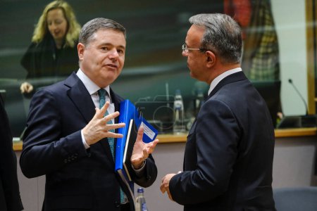 Photo for Christos STAIKOURAS, Finance Minister arrives to attend in  the Eurogroup meeting at the EU headquarters in Brussels, Belgium on February 13, 2023. - Royalty Free Image