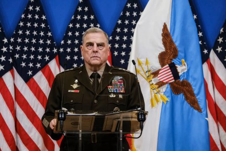 Téléchargez les photos : US Chairman of the Joint Chiefs of Staff, General Mark Milley speaks during a press conference  at the NATO Headquarters in Brussels, Belgium on February 14, 2023. - en image libre de droit