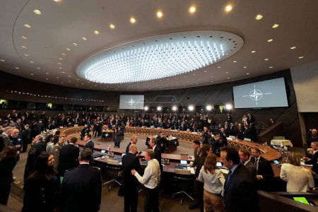 Téléchargez les photos : View of plenary room during the Meeting of NATO Ministers of Defence during a two-day meeting of the alliance's Defence Ministers at the NATO Headquarters in Brussels, Belgium on February 15, 2023. - en image libre de droit