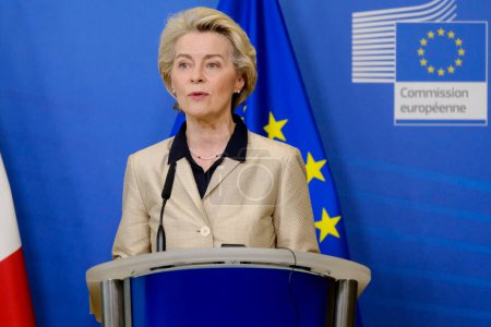 Photo for French Prime Minister Elisabeth Borne addresses a joint press conference with the European Commission President Ursula von der LEYEN at the EU headquarters in Brussels, Belgium on February 16, 2023. - Royalty Free Image
