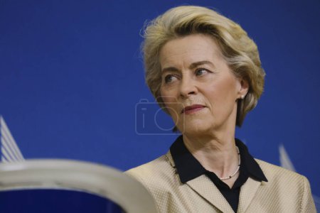 Photo for French Prime Minister Elisabeth Borne addresses a joint press conference with the European Commission President Ursula von der LEYEN at the EU headquarters in Brussels, Belgium on February 16, 2023. - Royalty Free Image