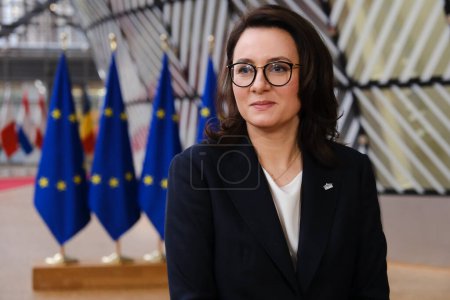 Photo for Press conference by Yulia Svyrydenko, First Vice Prime Minister of Ukraine and Minister of Economic Development and Trade of Ukraine in Brussels, Belgium on February 22, 2023. - Royalty Free Image