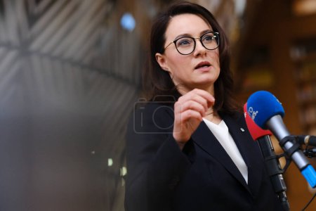 Photo for Press conference by Yulia Svyrydenko, First Vice Prime Minister of Ukraine and Minister of Economic Development and Trade of Ukraine in Brussels, Belgium on February 22, 2023. - Royalty Free Image
