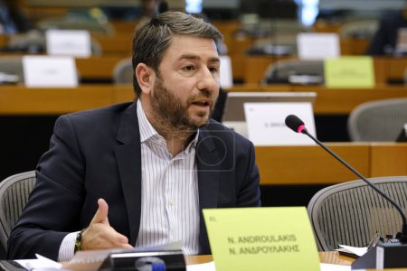 Photo for Nikos Androulakis, President of the Movement for Change and the Panhellenic Socialist Movement during a European Parliament's Inquiry Committee on the use of spyware in Brussels, Belgium on February 28, 2023. - Royalty Free Image