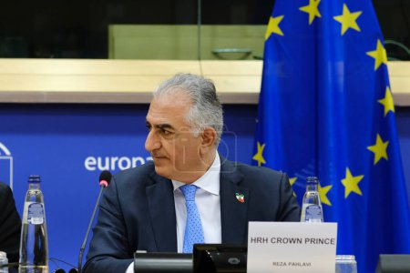 Photo for Crown Prince of Iran, Reza Pahlavi, the oldest son of Mohammad Reza Pahlavi, the last Shah of Iran attends a session of European Parliament in Brussels, Belgium on March 1, 2023. - Royalty Free Image
