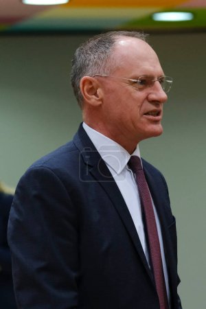 Photo for Minister Gerhard KARNER arrives to attend in a Justice and Home Affairs Council at the EU headquarters in Brussels, Belgium on March 9, 2023. - Royalty Free Image