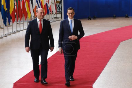 Photo for Poland's Prime Minister Mateusz Morawiecki arrives for a EU Summit, at the EU headquarters in Brussels, on March 23, 2023. - Royalty Free Image