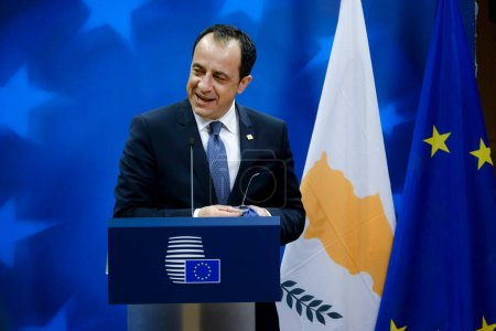 Photo for Cypriot President Nikos Christodoulides gives a presser on the results of the  EU Summit, at the EU headquarters in Brussels, Belgium on March 24, 2023. - Royalty Free Image