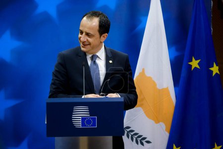 Photo for Cypriot President Nikos Christodoulides gives a presser on the results of the  EU Summit, at the EU headquarters in Brussels, Belgium on March 24, 2023. - Royalty Free Image