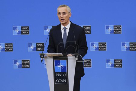 Photo for NATO Secretary General Jens Stoltenberg speaks during a press conference at the NATO headquarters in Brussels, Belgium on April 3, 2023. - Royalty Free Image