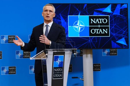 Photo for NATO Secretary General Jens Stoltenberg speaks during a press conference at the NATO headquarters in Brussels, Belgium on April 3, 2023. - Royalty Free Image