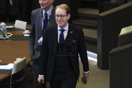 Photo for Tobias BILLSTROM, Minister of Foreign Affairs arrives to attend in NATO foreign affairs ministers meeting, at the NATO headquarters in Brussels, Belgium on April 4, 2023. - Royalty Free Image