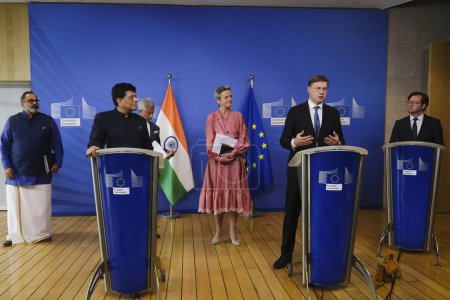 Photo for India's Commerce and Industry Minister Piyush Goyal address the media during a press conference on the EU-India Trade and Technology Council at EU headquarters in Brussels, Belgium on May 16, 2023 - Royalty Free Image