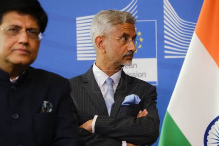 Téléchargez les photos : Le ministre indien du Commerce et de l'Industrie Piyush Goyal s'adresse aux médias lors d'une conférence de presse sur le Conseil du commerce et de la technologie UE-Inde au siège de l'UE à Bruxelles, en Belgique, le 16 mai 2023 - en image libre de droit