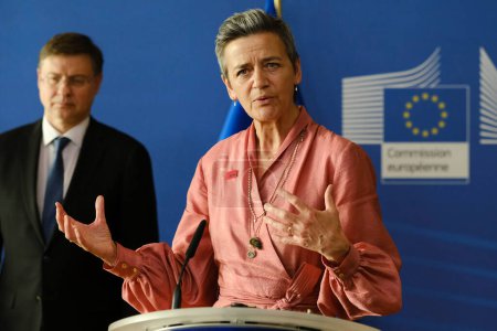 Photo for European Commissioner Margrethe Vestager address the media during a press conference on the EU-India Trade and Technology Council at EU headquarters in Brussels, Belgium on May 16, 2023 - Royalty Free Image