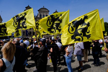 Photo for Supporters of of Flemish far-right party Vlaams Belang wave flags of Flandre during a protest in Brussels, Belgium on May 29, 2023. - Royalty Free Image