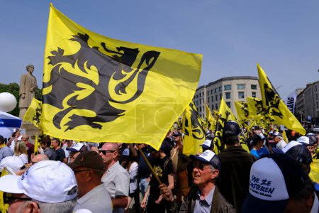Téléchargez les photos : Les partisans du parti flamand d'extrême droite Vlaams Belang agitent les drapeaux de Flandre lors d'une manifestation à Bruxelles, en Belgique, le 29 mai 2023. - en image libre de droit