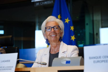 Photo for Christine Lagarde, President-designate of the European Central Bank (ECB),  attends in a European Parliament's Committee on Economic Affairs at the EU Parliament in Brussels, Belgium on June 5, 2023. - Royalty Free Image