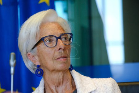 Photo for Christine Lagarde, President-designate of the European Central Bank (ECB),  attends in a European Parliament's Committee on Economic Affairs at the EU Parliament in Brussels, Belgium on June 5, 2023. - Royalty Free Image