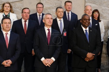 Photo for NATO Secretary General Jens Stoltenberg poses with NATO Defence ministers for a family picture on the second day of a meeting at the NATO headquarter in Brussels, Belgium on June 16, 2023. - Royalty Free Image