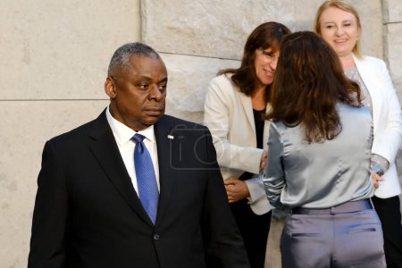 Photo for U.S. Secretary of Defense Lloyd Austin arrives for a family picture on the second day of a meeting at the NATO headquarter in Brussels, Belgium on June 16, 2023. - Royalty Free Image