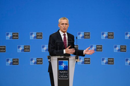 Photo for NATO Secretary General Jens Stoltenberg speaks during a media conference after a meeting of NATO defense ministers at NATO headquarters in Brussels, Belgium on June 16, 2023. - Royalty Free Image