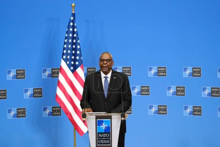 Photo for United States Secretary of Defense Lloyd Austin speaks during a media conference after a meeting of NATO defense ministers at NATO headquarters in Brussels, Belgium on June 16, 2023 - Royalty Free Image