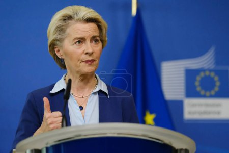 Photo for European Commission President Ursula von der Leyen speaks during a media conference after a meeting of the College of Commissioners at EU headquarters in Brussels, Belgium on Jun. 20, 2023. - Royalty Free Image