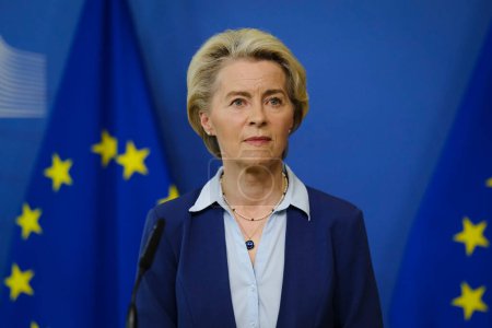 Photo for European Commission President Ursula von der Leyen speaks during a media conference after a meeting of the College of Commissioners at EU headquarters in Brussels, Belgium on Jun. 20, 2023. - Royalty Free Image