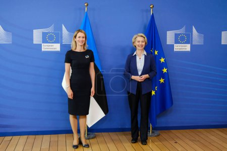 Photo for European Commission President Ursula von der Leyen, right, greets Estonia's Prime Minister Kaja Kallas prior to a meeting at EU headquarters in Brussels, Belgium on June 28, 2023. - Royalty Free Image