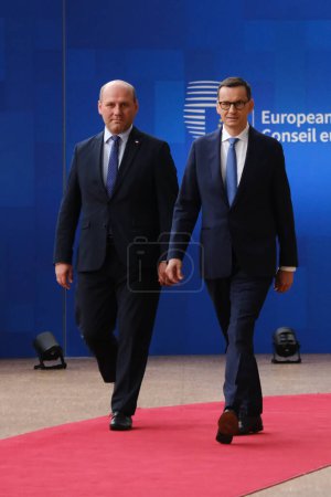 Photo for Prime Minister of Poland, Mateusz Morawiecki arrives for a EU Summit, at the EU headquarters in Brussels, on June 29, 2023. - Royalty Free Image