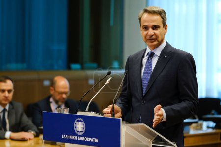 Photo for Greece's Prime Minister Kyriakos Mitsotakis gives a press statement on the results of a EU Summit, at the EU headquarters in Brussels, on June 30, 2023. - Royalty Free Image