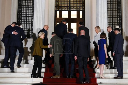 Photo for Leaders of EU, Western Balkans and Ukraine's President Volodymyr Zelensky arrives to pose for a family photo in the Maximos Mansion in Athens, Greece on Aug. 21, 2023. - Royalty Free Image