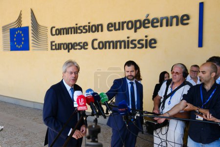 Photo for Press conference by European Commissioner Paolo GENTILONI talks to media in Brussels, Belgium on Sep. 11, 2023. - Royalty Free Image