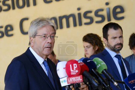 Photo for Press conference by European Commissioner Paolo GENTILONI talks to media in Brussels, Belgium on Sep. 11, 2023. - Royalty Free Image